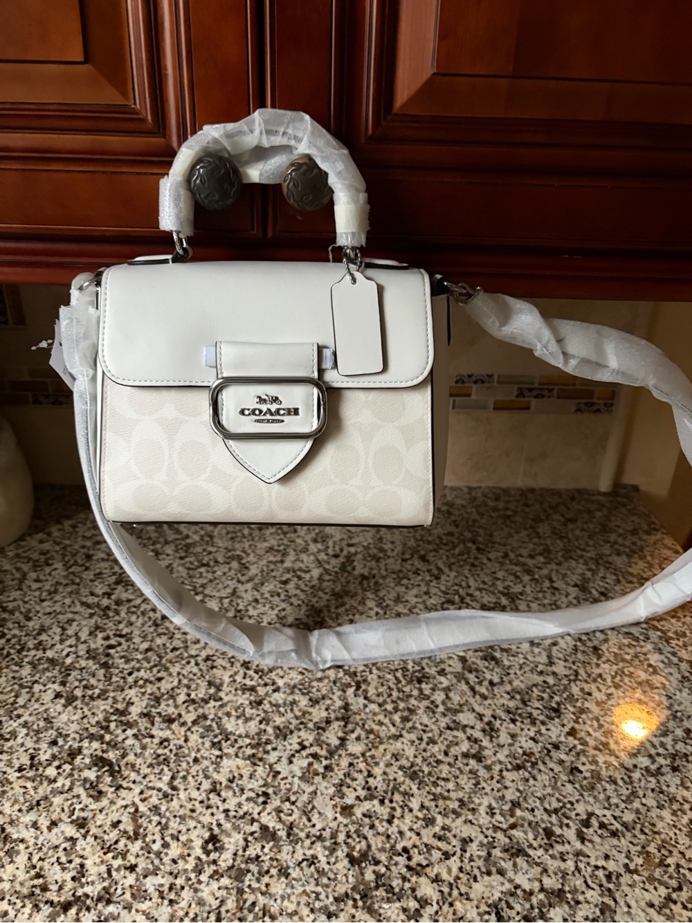 Coach Cream and White Signature Satchel with Top Handle